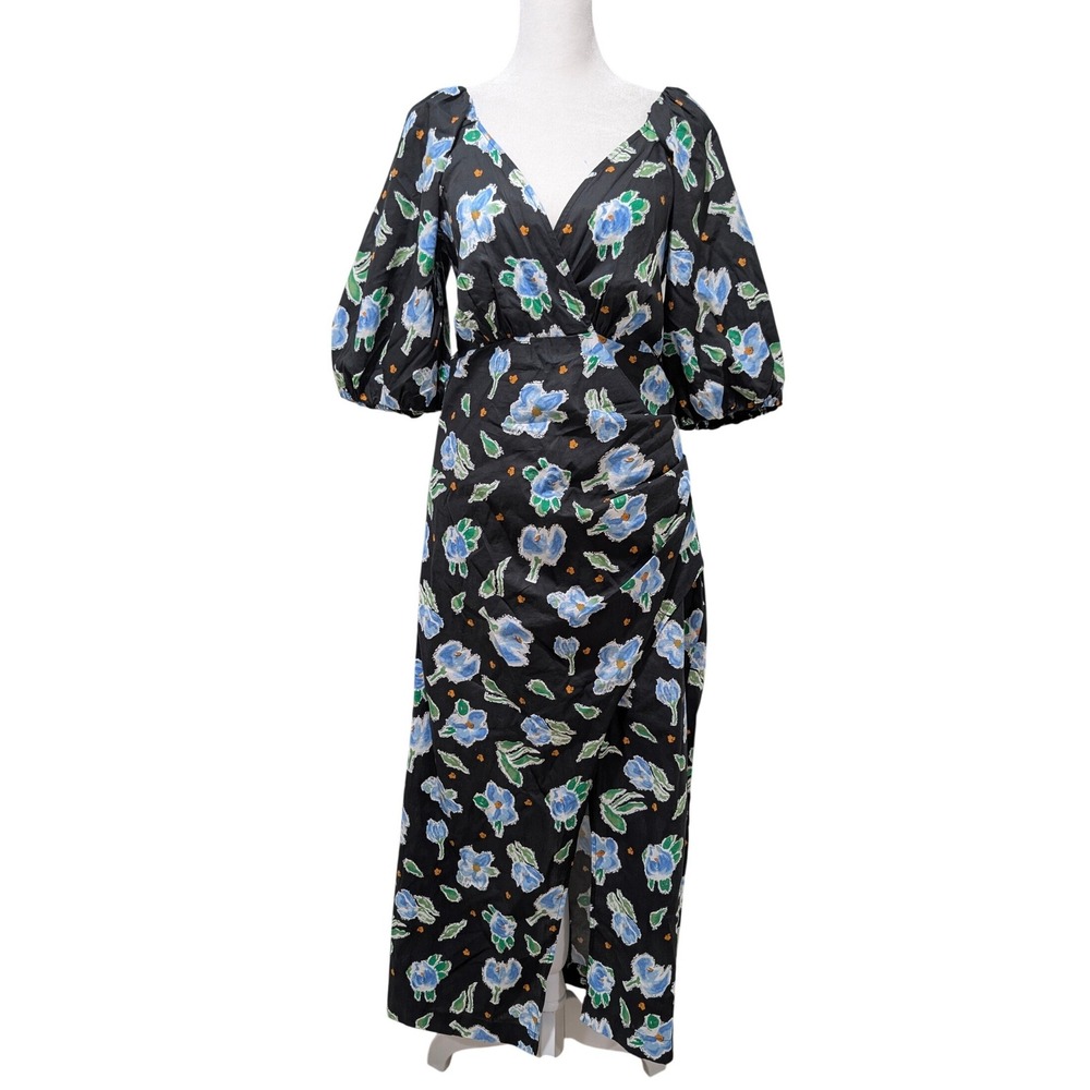 NWT Black Floral Smocked Back Midi Dress High Slit Melloday Romantic Cottage M